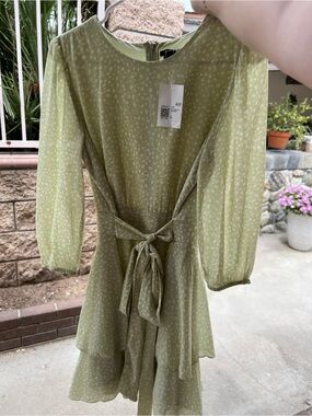 Light Olive Green Tiered Tie-Waist Dress